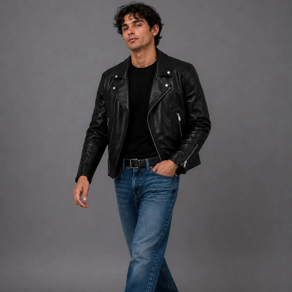 Men Black Motorcycle Leather Jacket