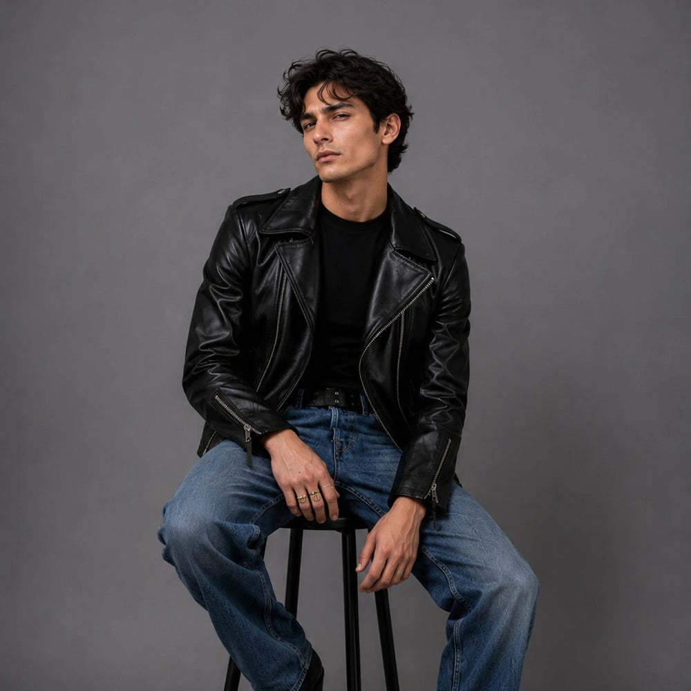 Men Black Slim Fit Biker Leather Jacket