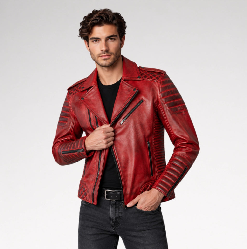 Dante Distressed Red Quilted Leather Biker Jacket