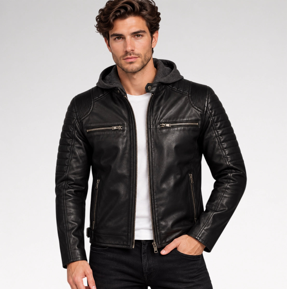 A man wearing a black leather hooded biker jacket with quilted shoulder panels, zippered chest pockets, and a white t-shirt underneath, photographed against a light gray studio background.