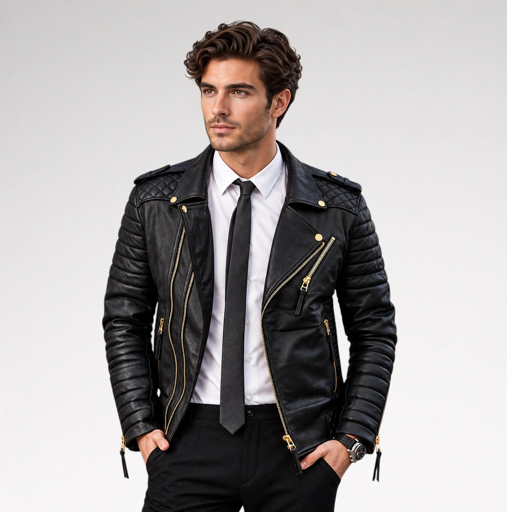 A man wearing a black quilted leather biker jacket with gold-tone zippers, styled over a white dress shirt, black tie, and black trousers, photographed against a light gray studio background.