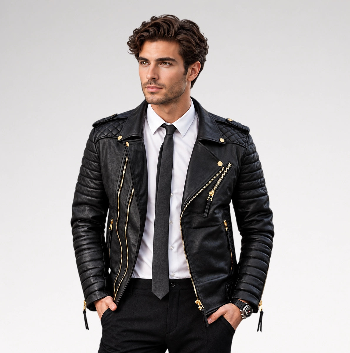 A man wearing a black quilted leather biker jacket with gold-tone zippers, styled over a white dress shirt, black tie, and black trousers, photographed against a light gray studio background.