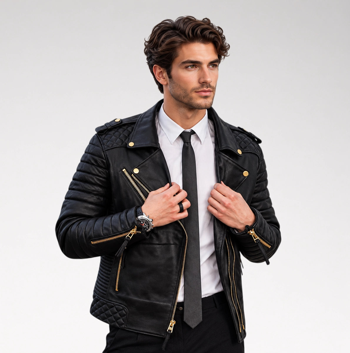 A man wearing a black quilted leather biker jacket with gold-tone hardware, styled with a white dress shirt and black tie, against a light gray studio background.
