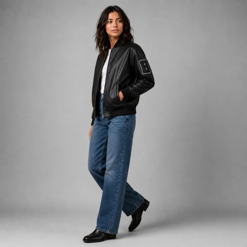 Unisex Black Varsity Real Leather Jacket