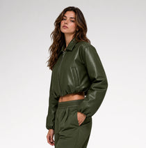 Oliva Cropped Olive Green Bomber Leather Jacket