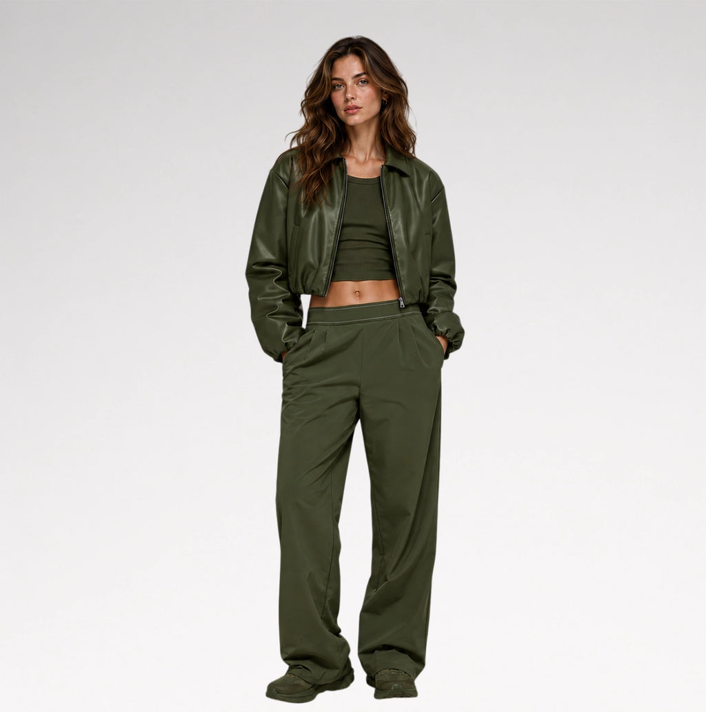 Oliva Cropped Olive Green Bomber Leather Jacket