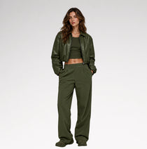 Oliva Cropped Olive Green Bomber Leather Jacket