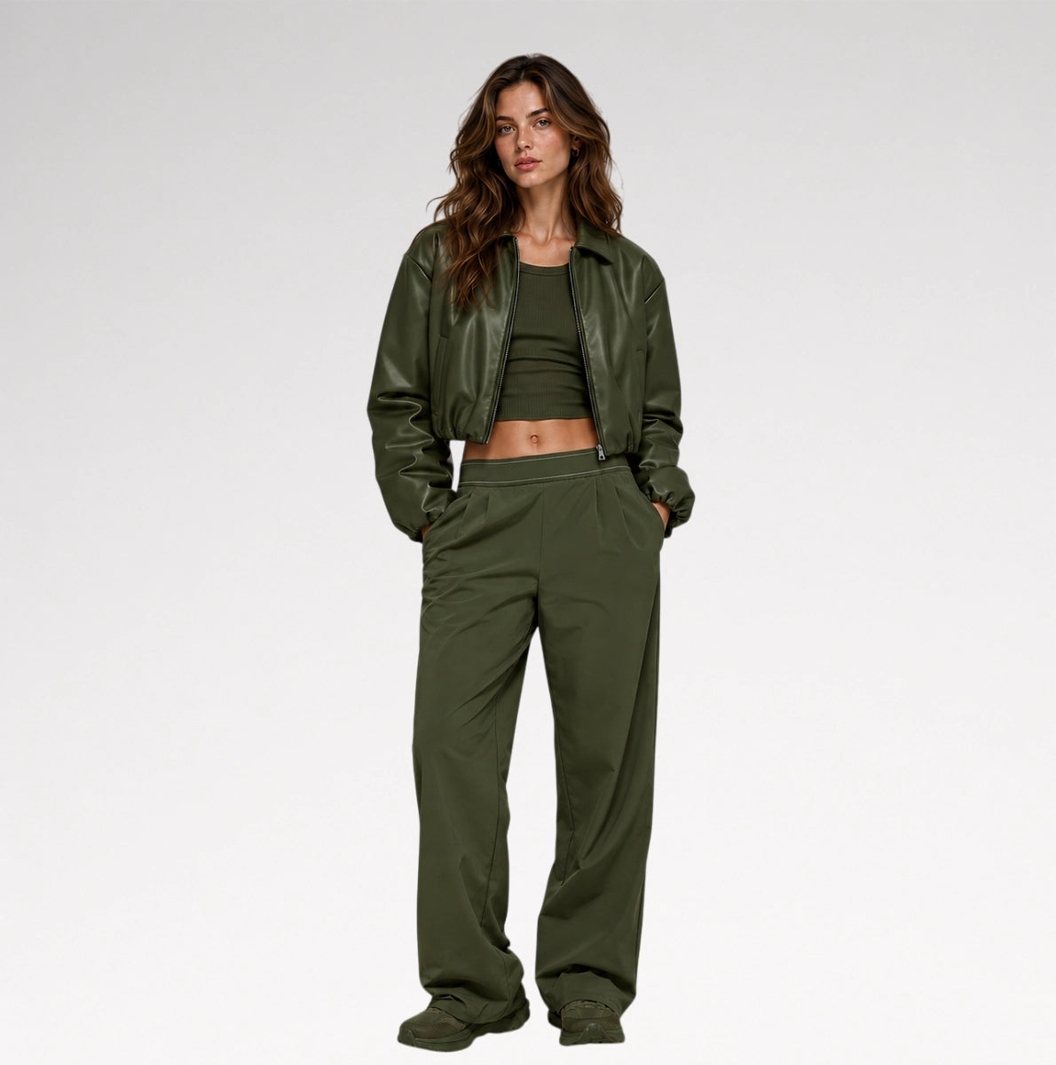 Oliva Cropped Olive Green Bomber Leather Jacket