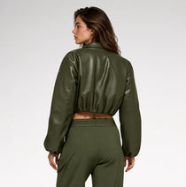 Oliva Cropped Olive Green Bomber Leather Jacket