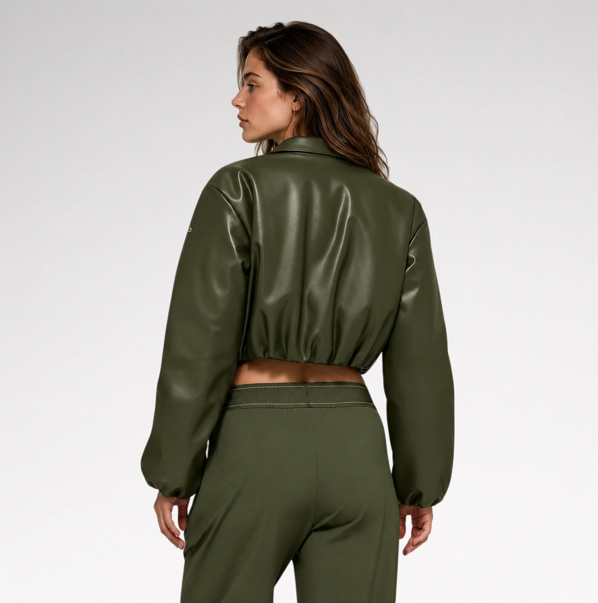 Oliva Cropped Olive Green Bomber Leather Jacket