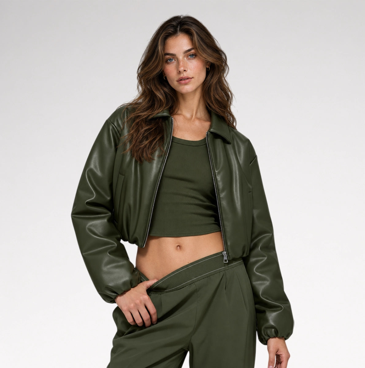 Oliva Cropped Olive Green Bomber Leather Jacket Main image
