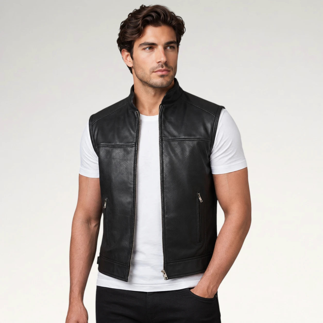 A man wearing a black leather motorcycle vest over a white t-shirt and black pants, photographed against a light gray studio background.