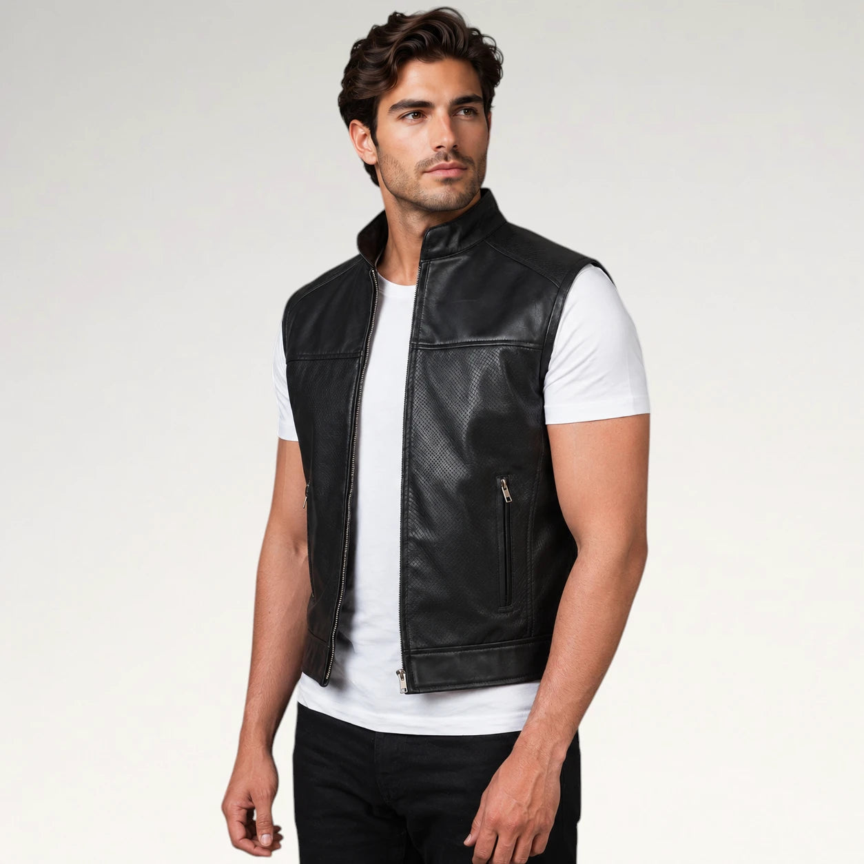 A man wearing a black leather vest over a white t-shirt and black pants, standing against a light gray studio background.