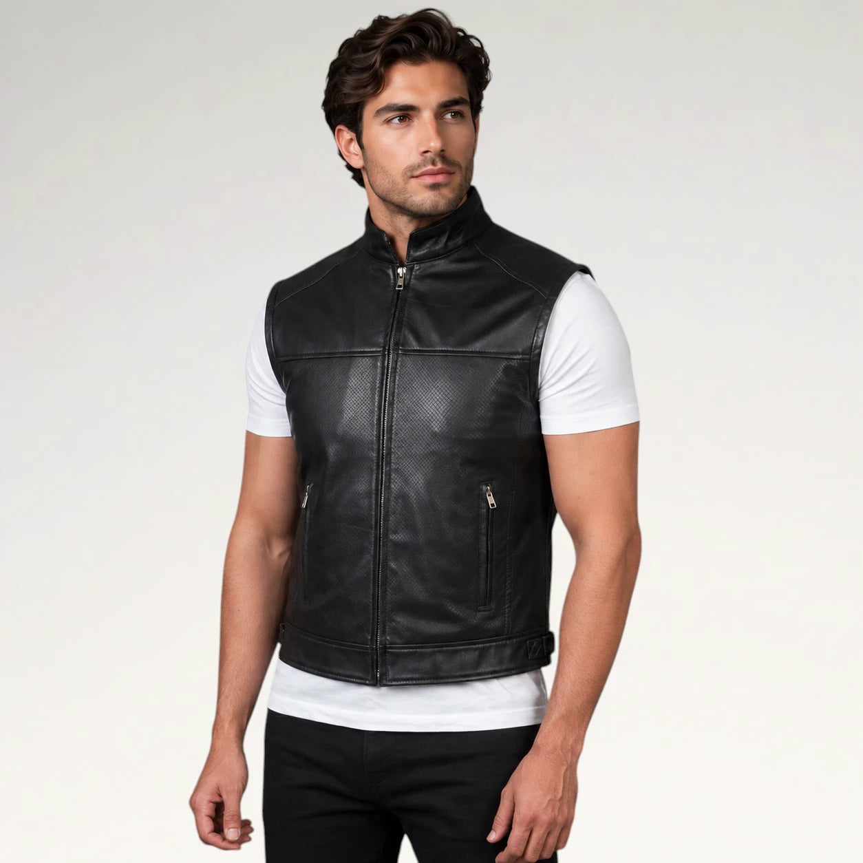 A man wearing a black leather vest over a white t-shirt and black pants, standing against a light gray studio background.