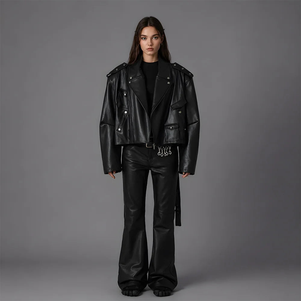 Unisex Black Oversized Biker Leather Jacket