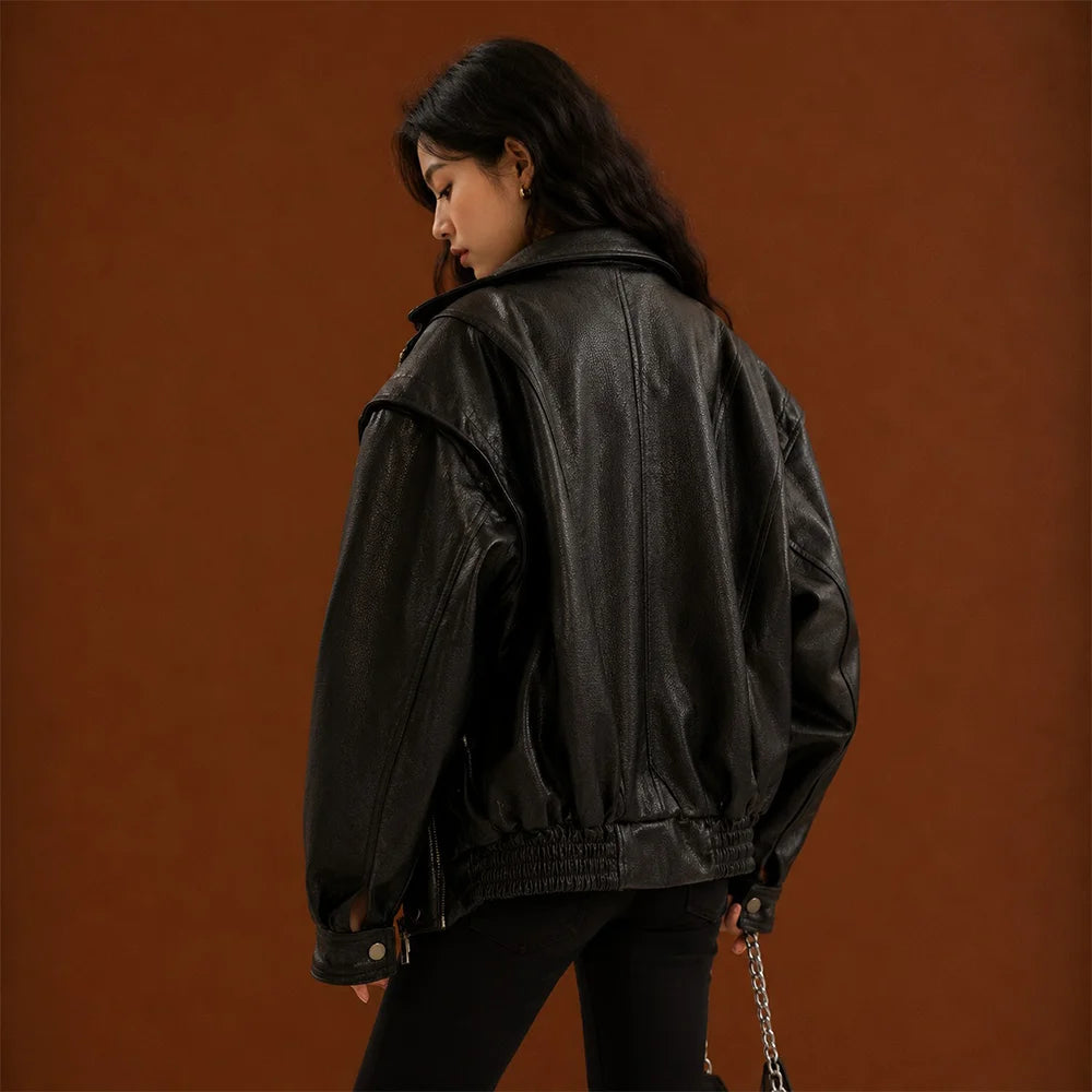 Women Black Oversized Leather Jacket