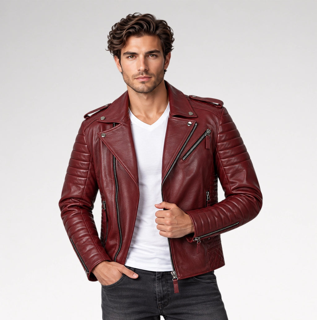 A man wearing a burgundy leather moto jacket over a white t-shirt and dark jeans, standing against a light gray studio background.