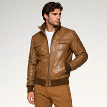 Pregiato Brown Bomber Leather Jacket