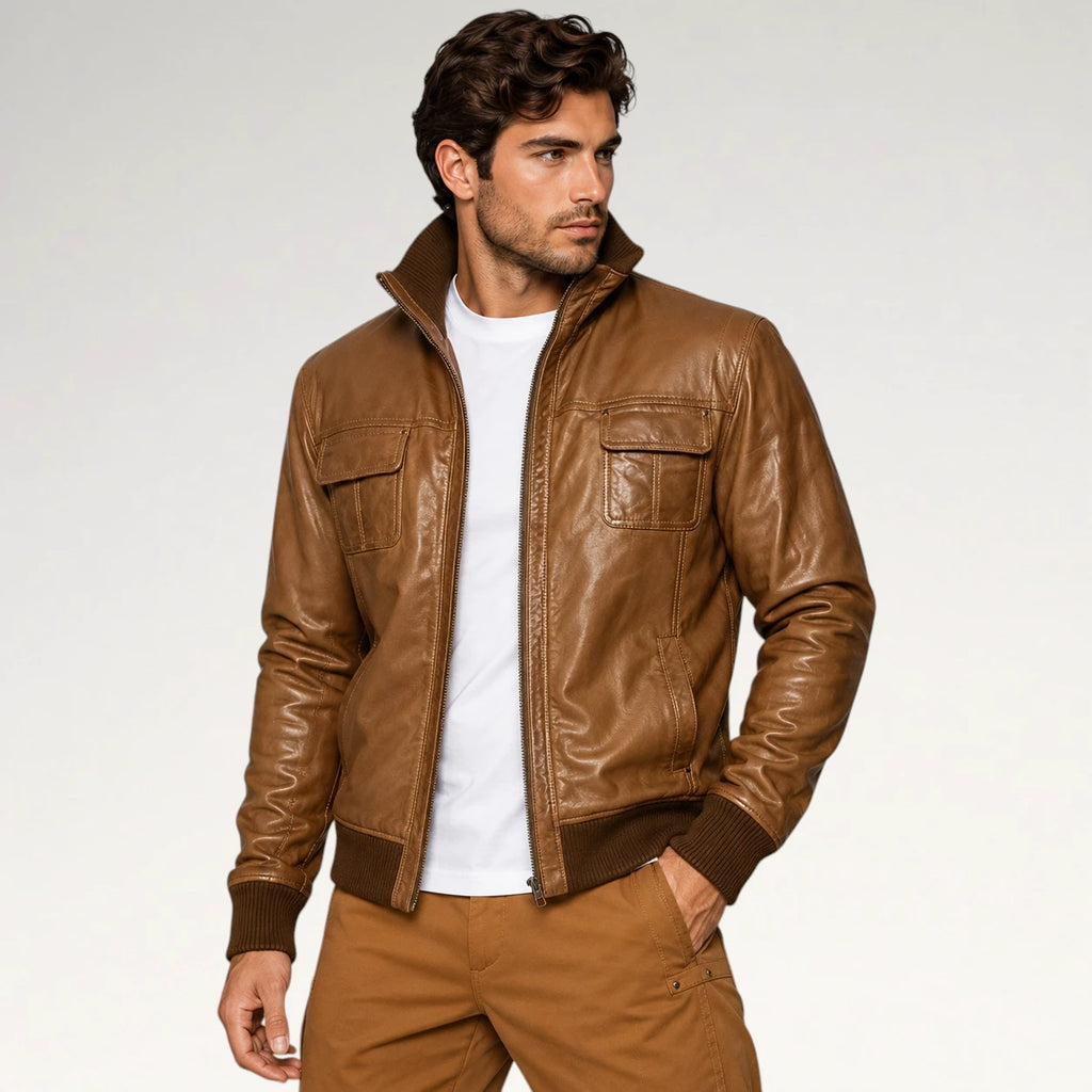Pregiato Brown Bomber Leather Jacket