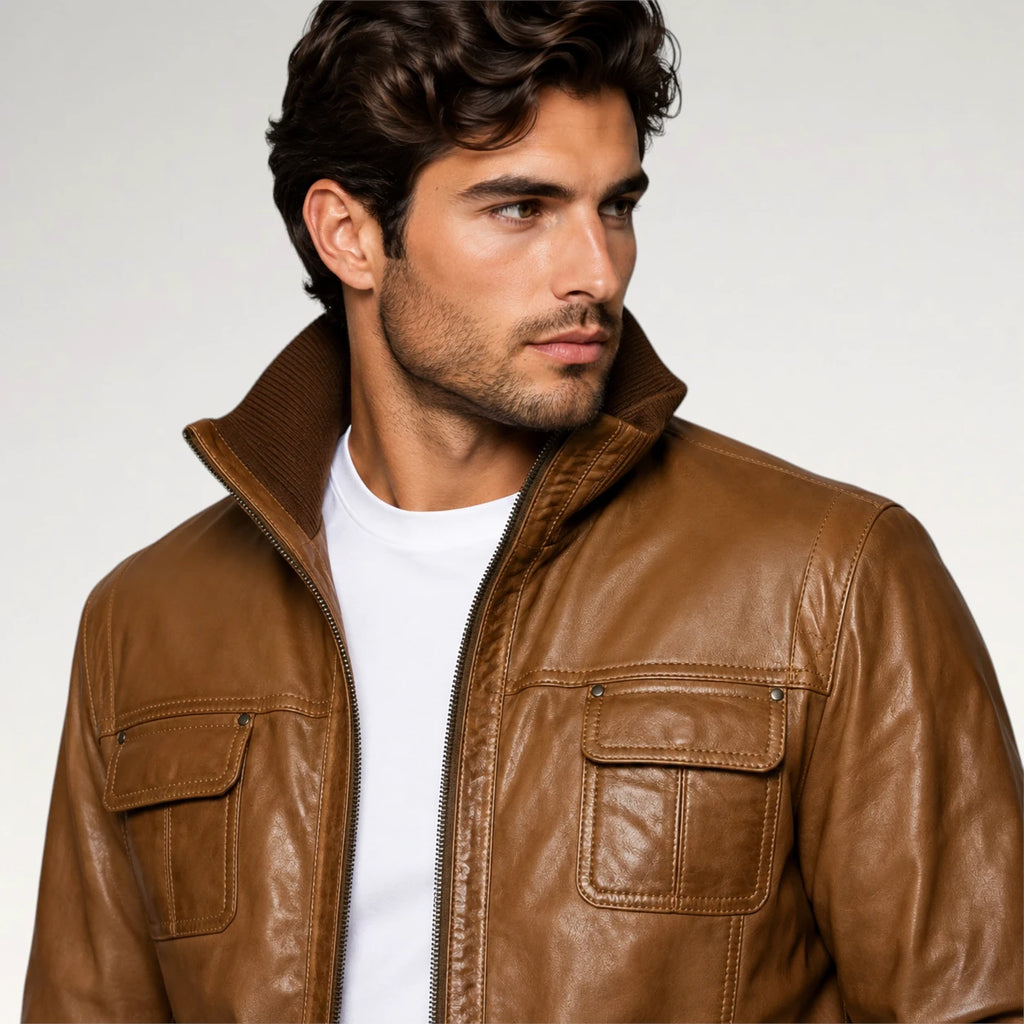 Pregiato Brown Bomber Leather Jacket