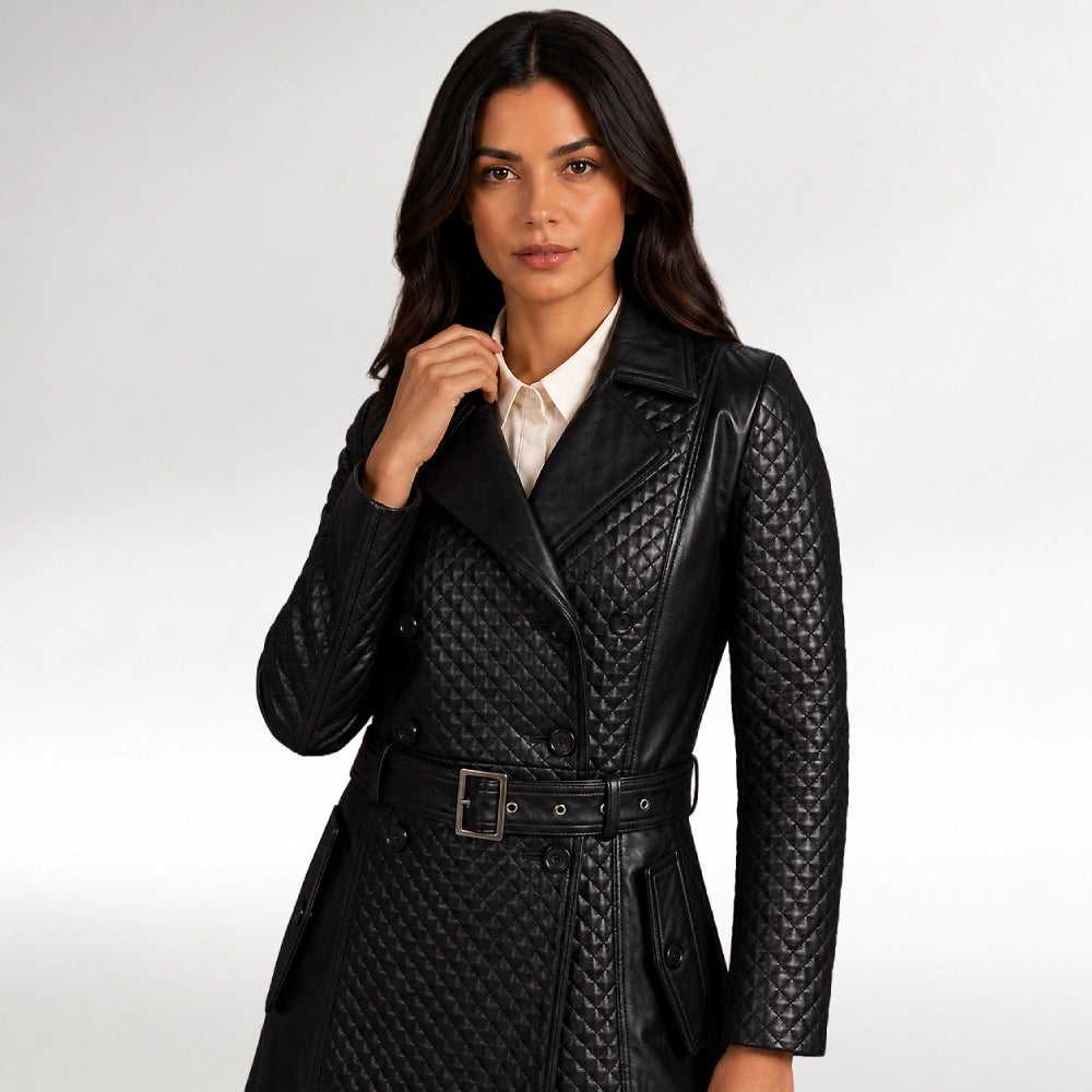 Trapuntata Black Trench Leather Coat