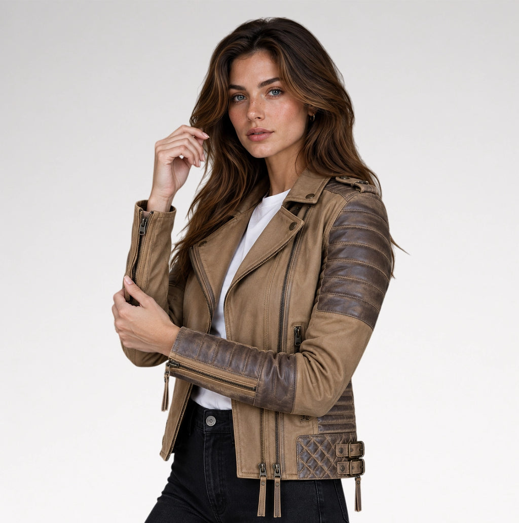 A woman modeling a brown faux-leather moto jacket with contrasting dark brown ribbed sleeves and a quilted detail on the lower front, worn over a white t-shirt and black jeans against a light gray studio background.