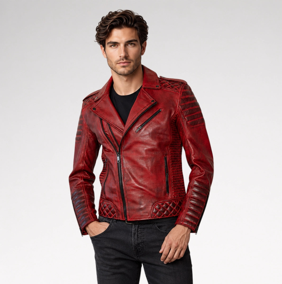 Dante Distressed Red Quilted Leather Biker Jacket Main image