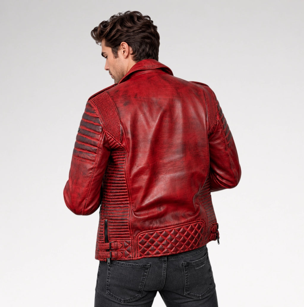 Dante Distressed Red Quilted Leather Biker Jacket