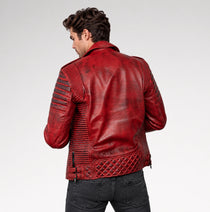 Dante Distressed Red Quilted Leather Biker Jacket