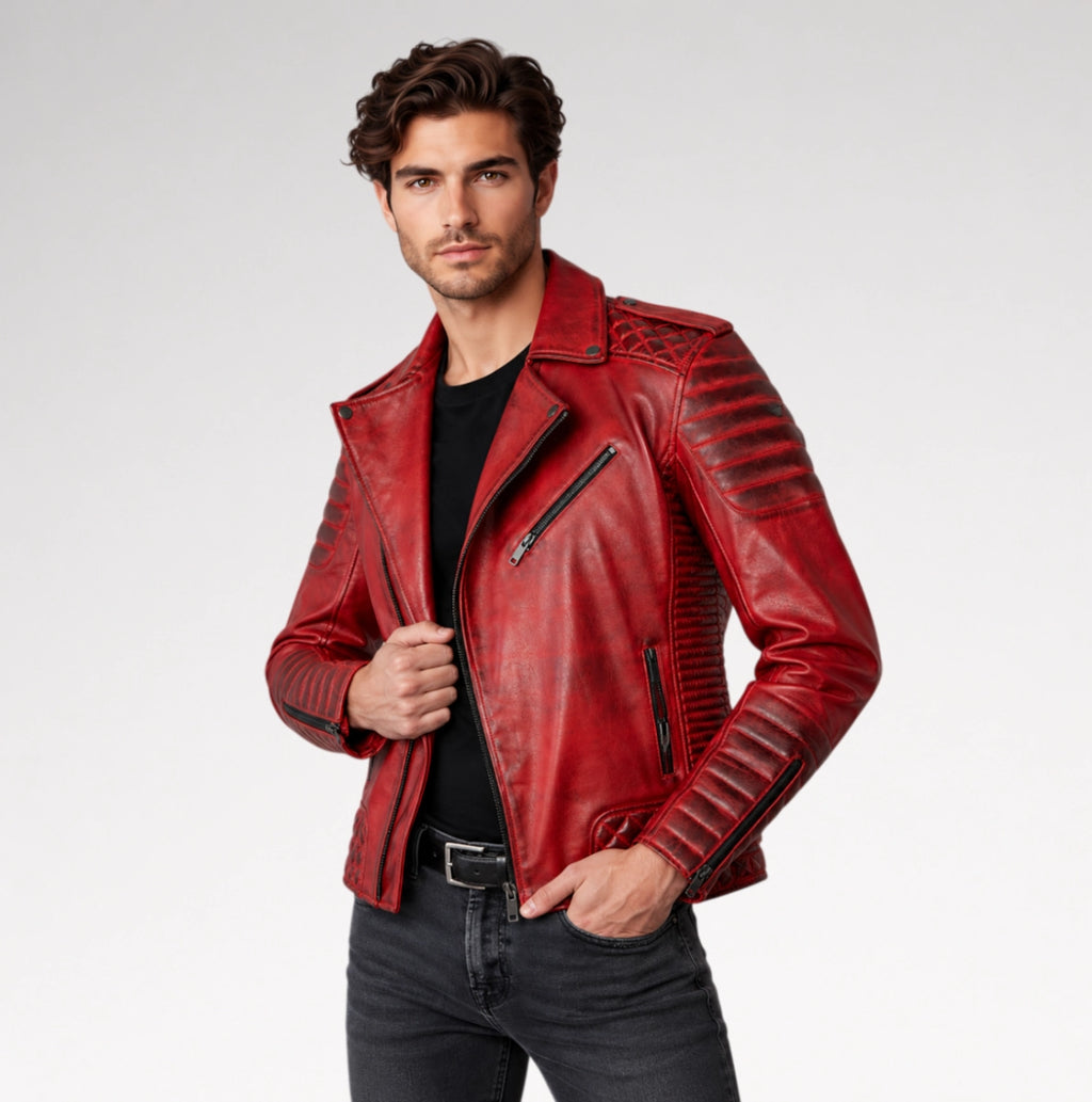 Dante Distressed Red Quilted Leather Biker Jacket