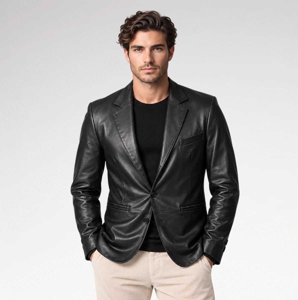 A man wearing a black leather blazer over a black t-shirt and beige trousers, standing against a light gray studio background.