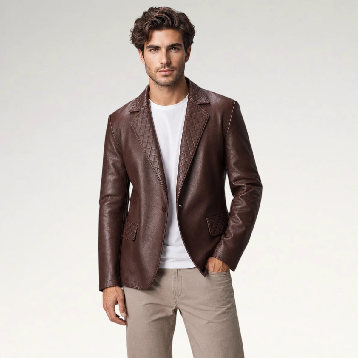A man wearing a dark brown leather blazer with textured quilted lapels, styled over a white t-shirt and beige trousers, photographed against a light gray studio background. Main image