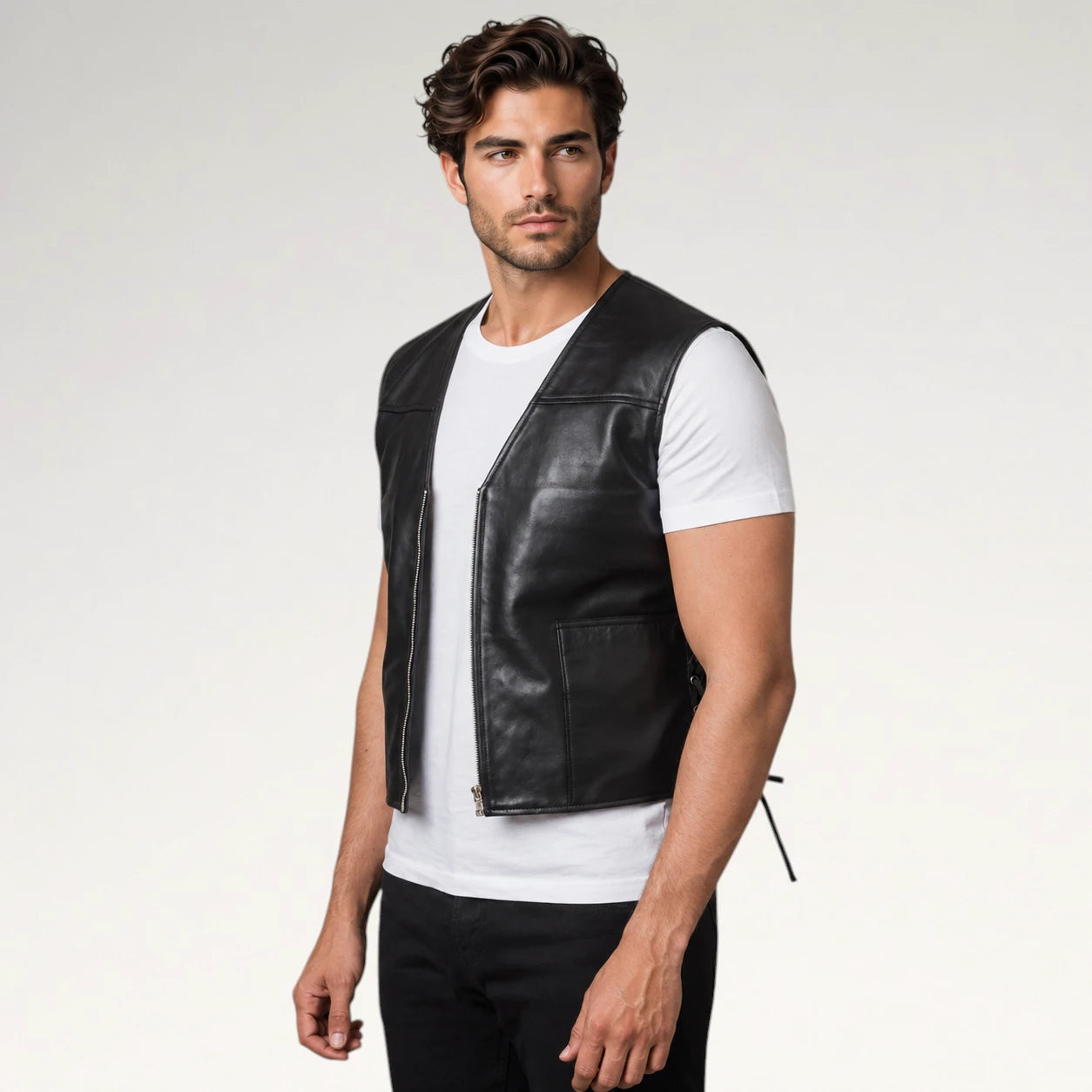 A man wearing a black leather vest over a white t-shirt and black pants, standing against a light gray studio background.