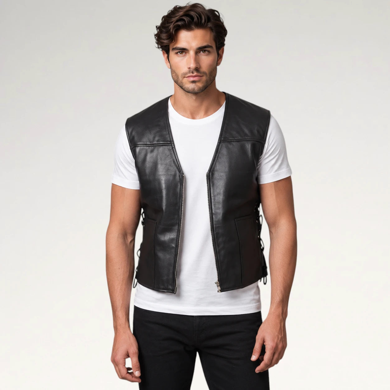 A man wearing a black leather motorcycle vest over a white t-shirt and black pants, standing against a light gray studio background.