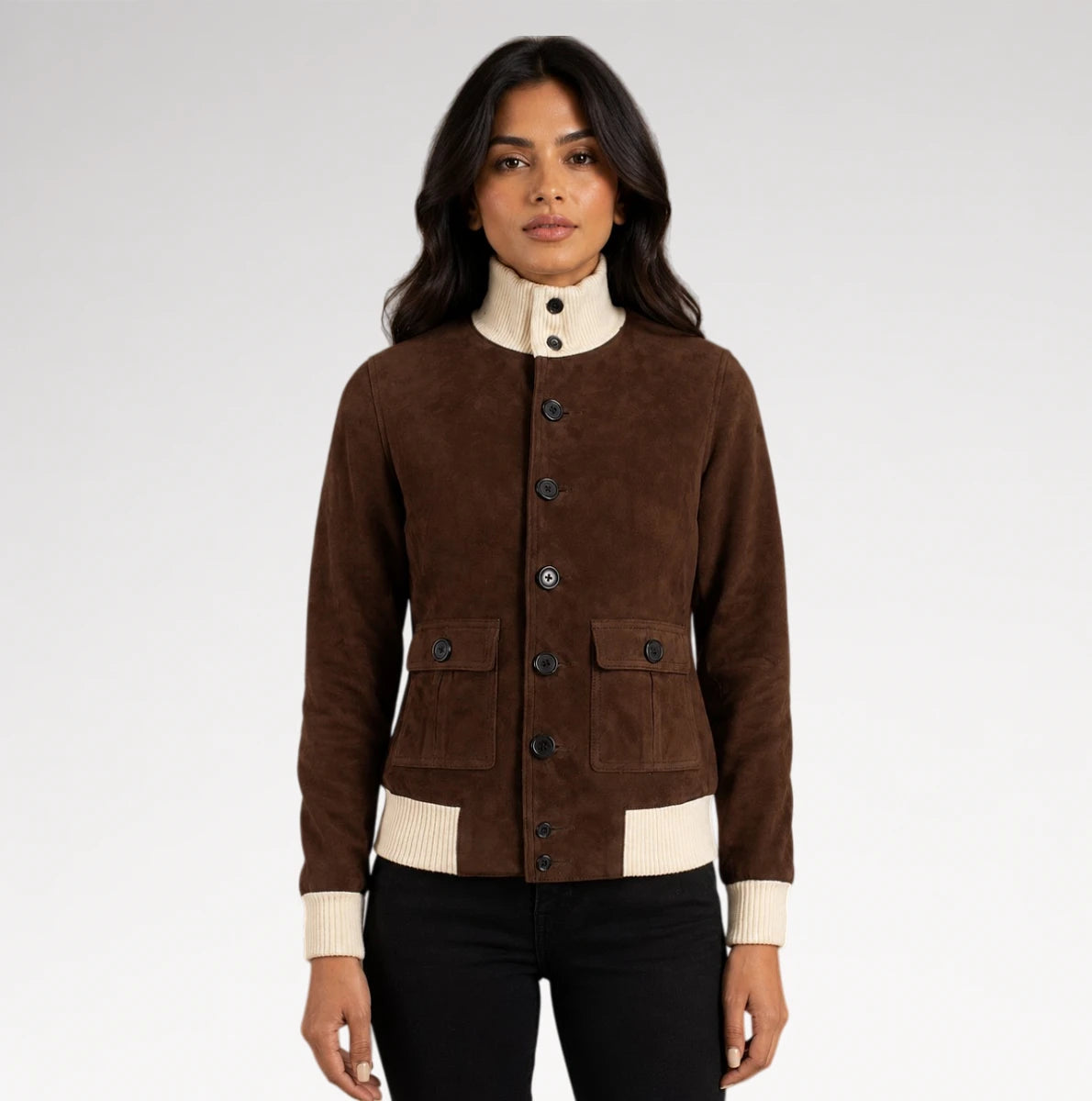 Seraphina Dark Brown Suede Bomber Leather Jacket Secondary image