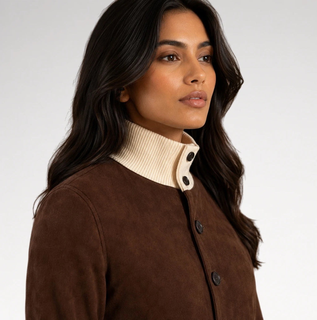 A woman modeling a brown suede jacket with cream ribbed trim at the mock neck, cuffs, and hem, paired with black pants against a light gray studio background.