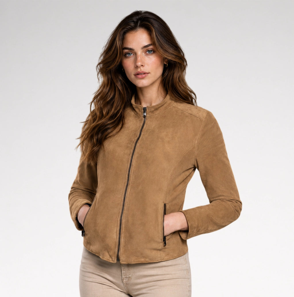 A women wearing brown suede leather jacket.