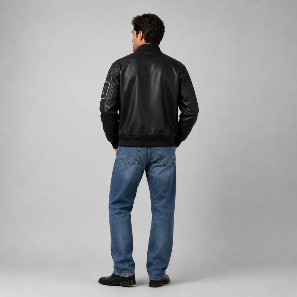 Unisex Black Varsity Real Leather Jacket