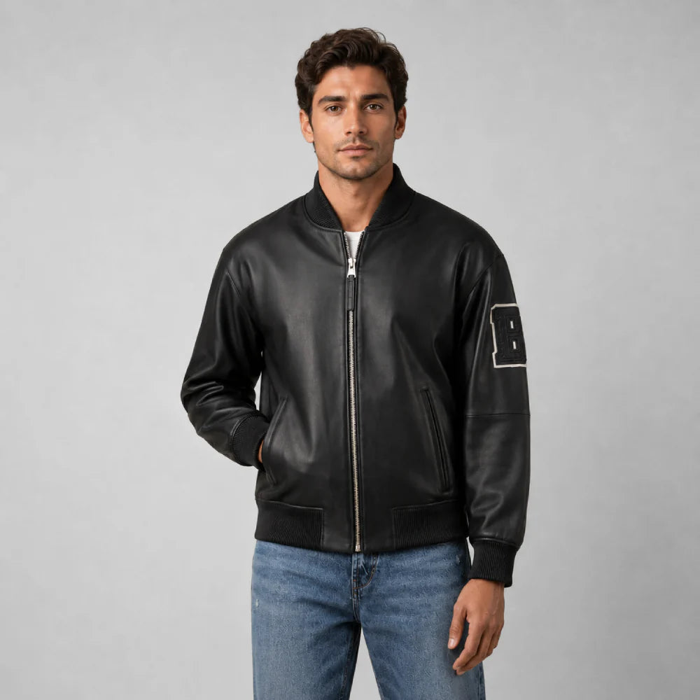Unisex Black Varsity Real Leather Jacket