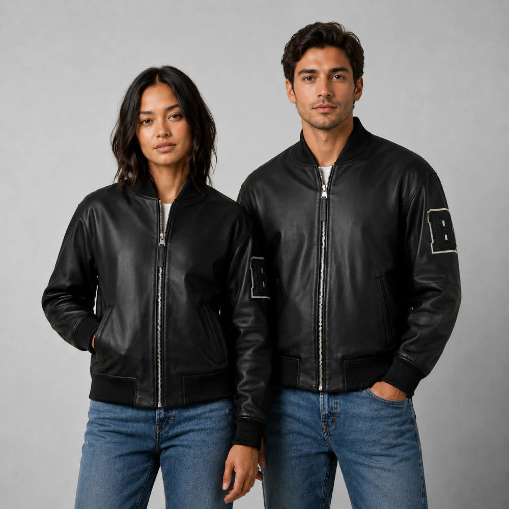 Unisex Black Varsity Real Leather Jacket