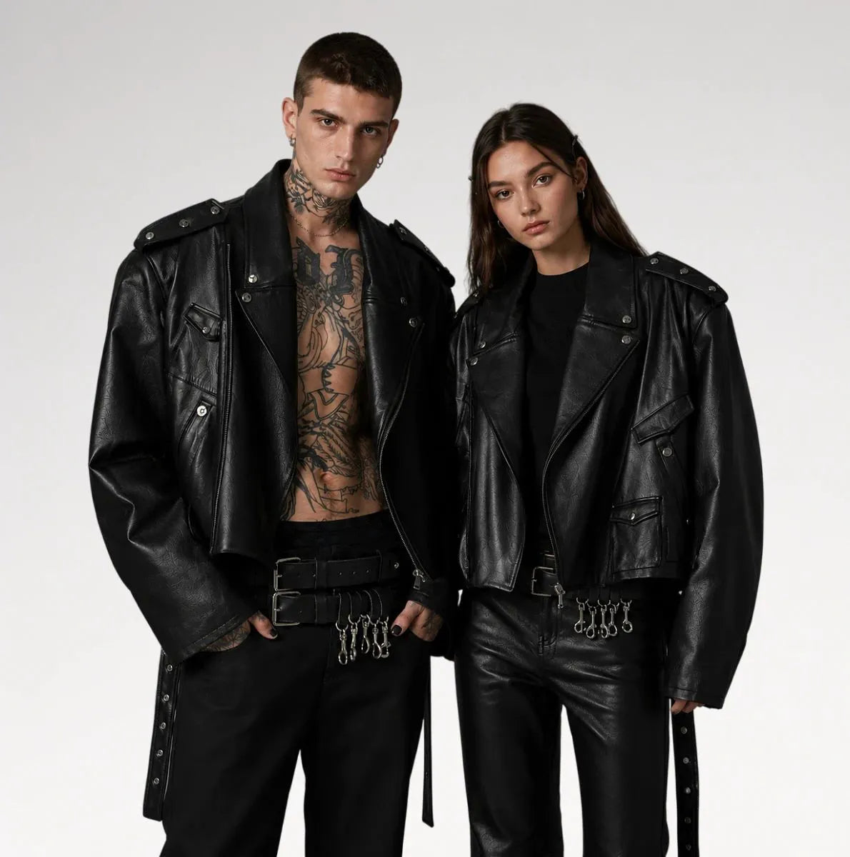 Two models wearing black leather motorcycle jackets and matching black leather pants with chain details, posed against a light gray studio background. Main image