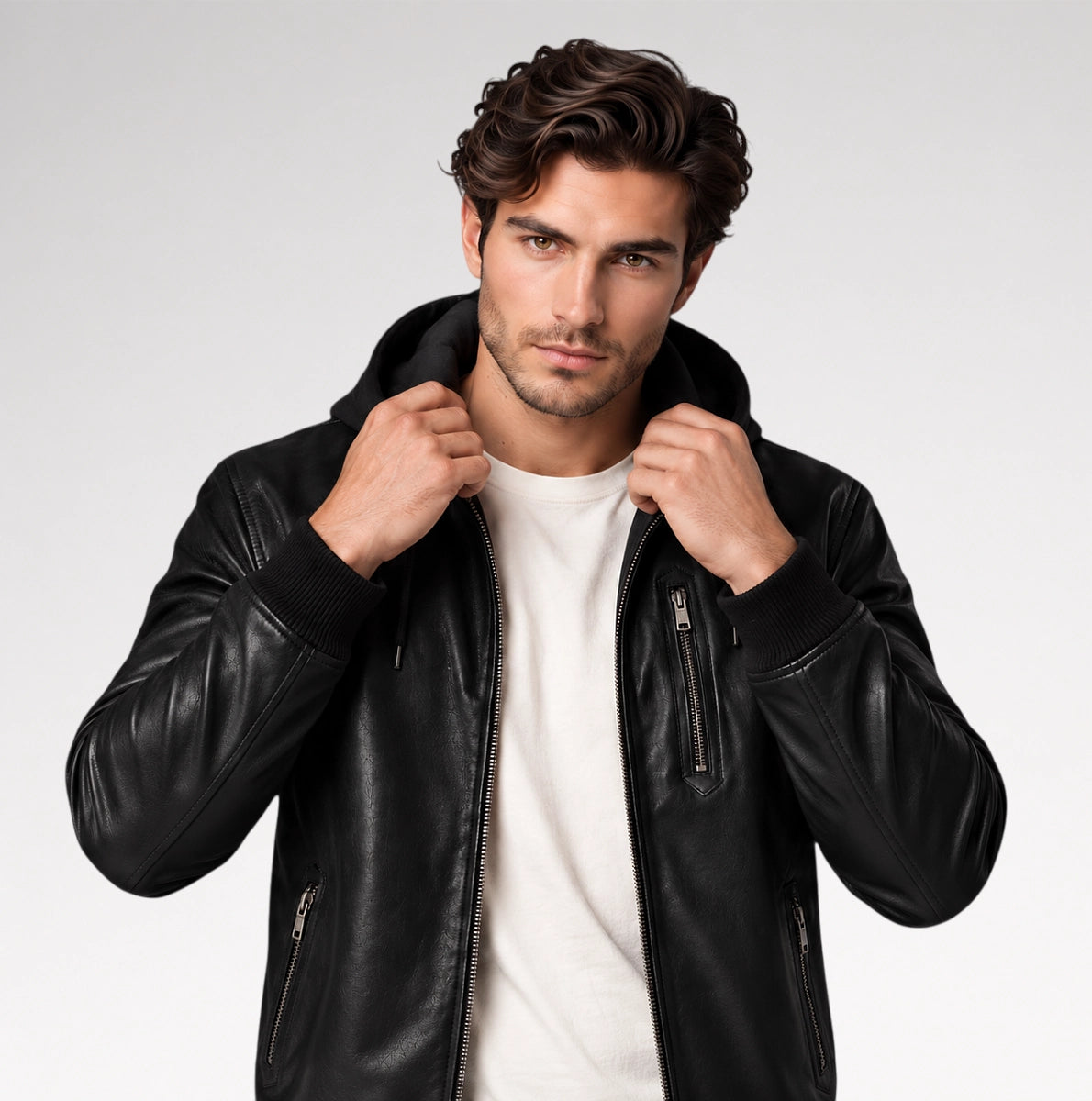 Uomo Moderno Black Nappa Leather Hooded Bomber Jacket