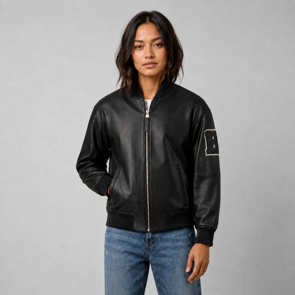 Unisex Black Varsity Real Leather Jacket