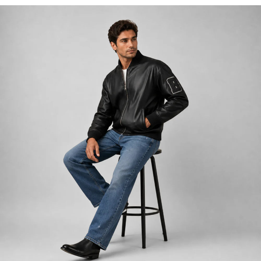 Unisex Black Varsity Real Leather Jacket