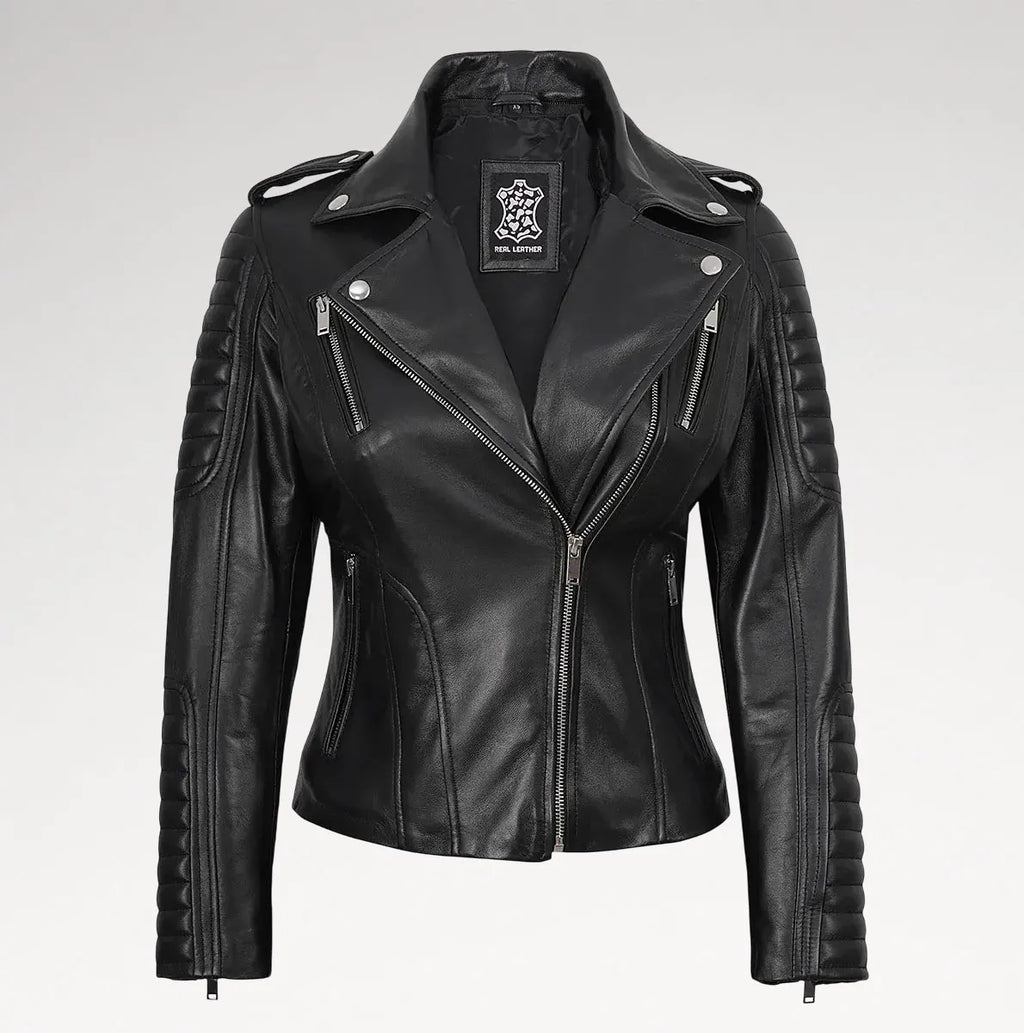 A black faux leather motorcycle jacket with silver zippers, quilted sleeve panels, and shoulder epaulets, shown on a light gray background.