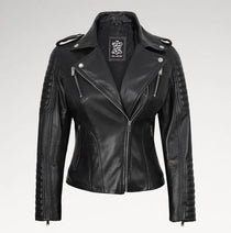 A black faux leather motorcycle jacket with silver zippers, quilted sleeve panels, and shoulder epaulets, shown on a light gray background.