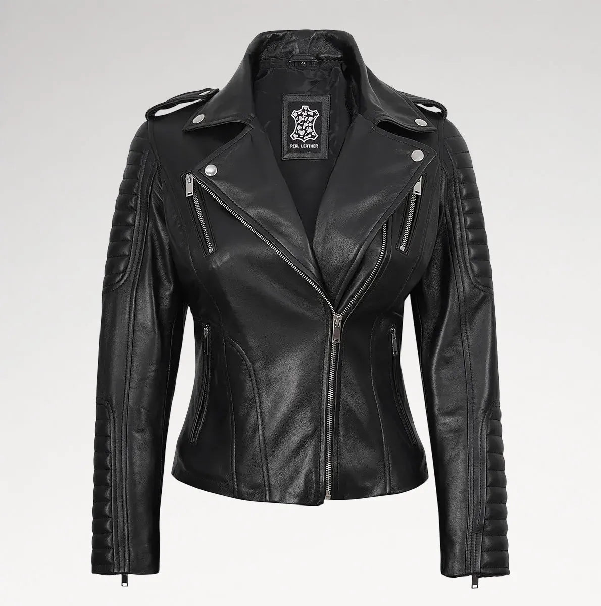 A black faux leather motorcycle jacket with silver zippers, quilted sleeve panels, and shoulder epaulets, shown on a light gray background.