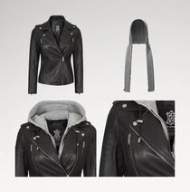 Black faux leather moto jacket with a gray hood and gray fleece-lined collar, shown from multiple angles on a light gray background.