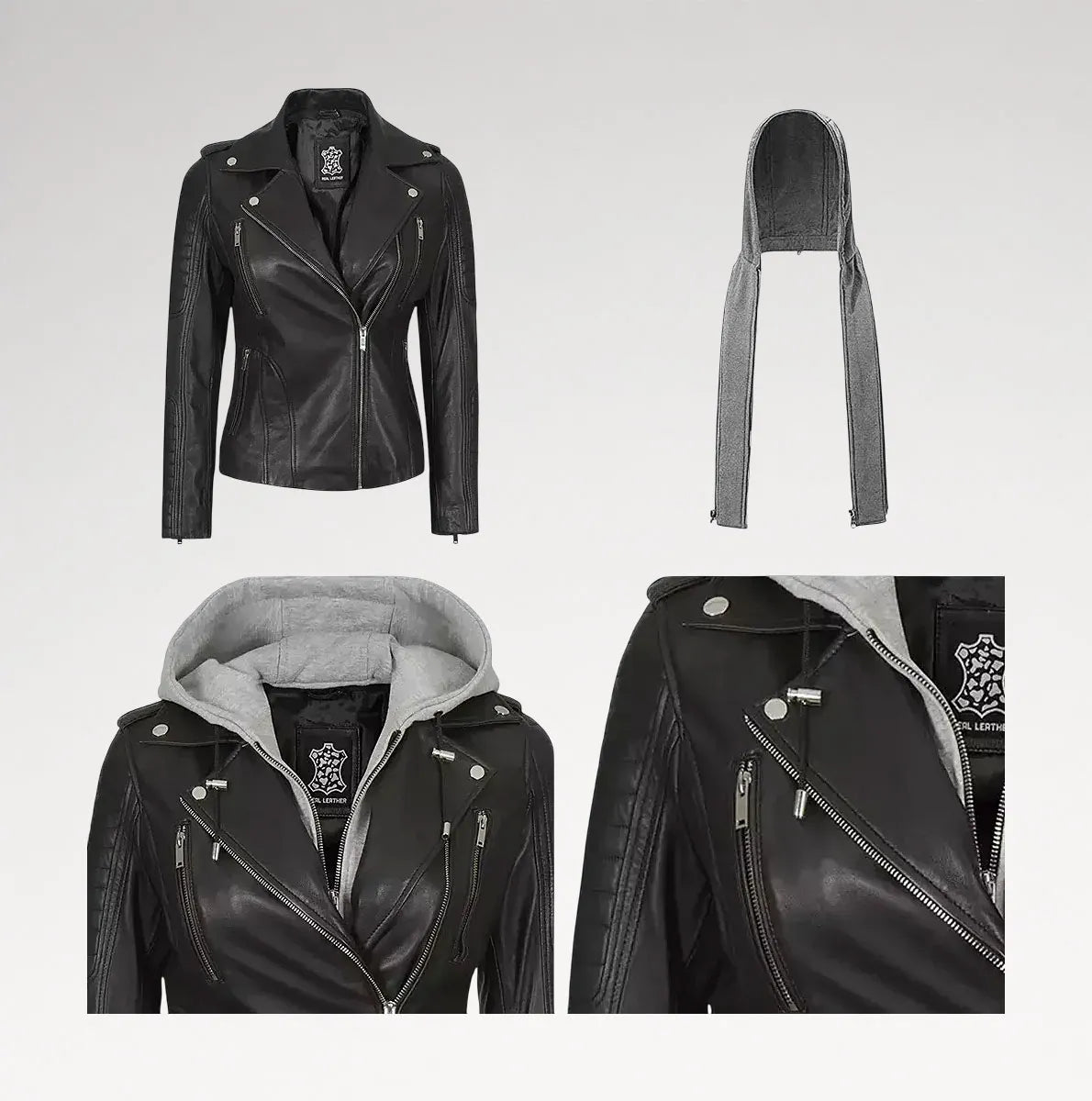 Black faux leather moto jacket with a gray hood and gray fleece-lined collar, shown from multiple angles on a light gray background.