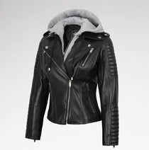 A black faux-leather moto jacket with a gray sherpa-lined hood, featuring quilted sleeve panels and silver zippers, shown on a light gray background.